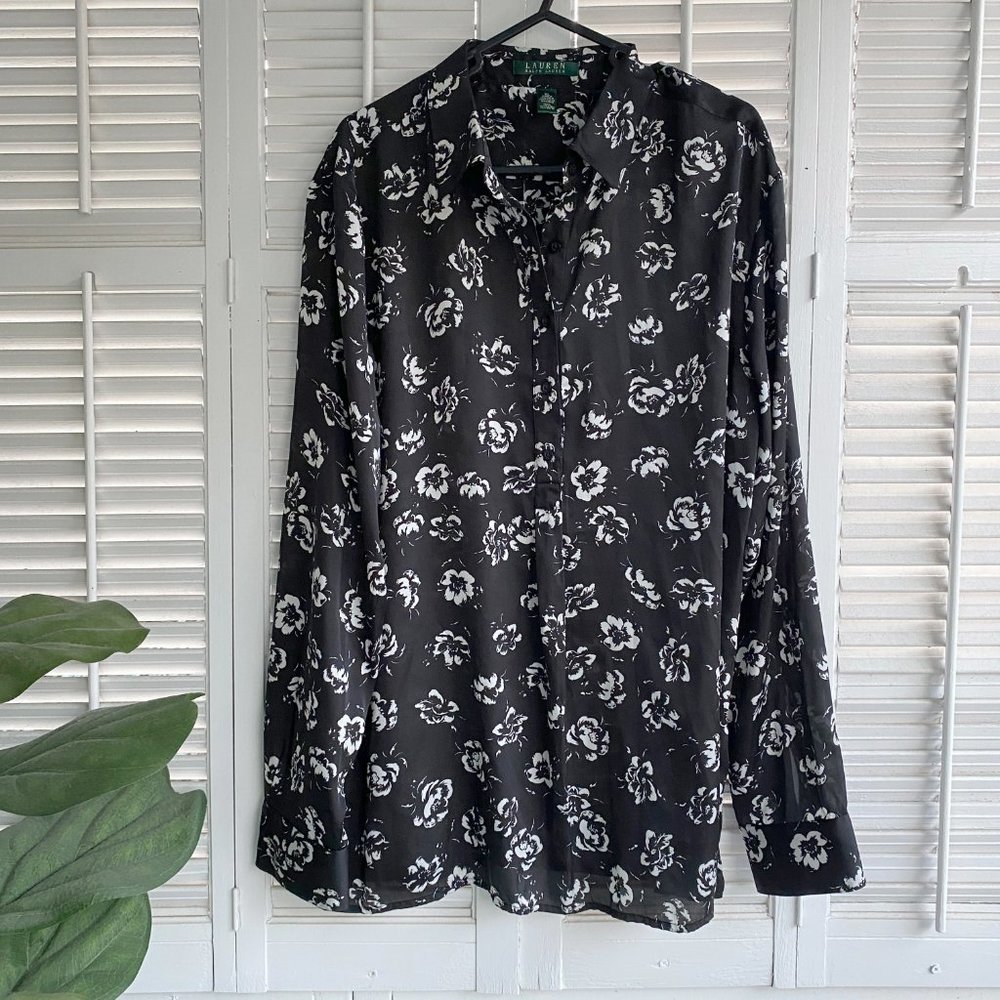 Ralph Lauren Womens Shirt XL White Black Floral Button Up Blouse Top Silky